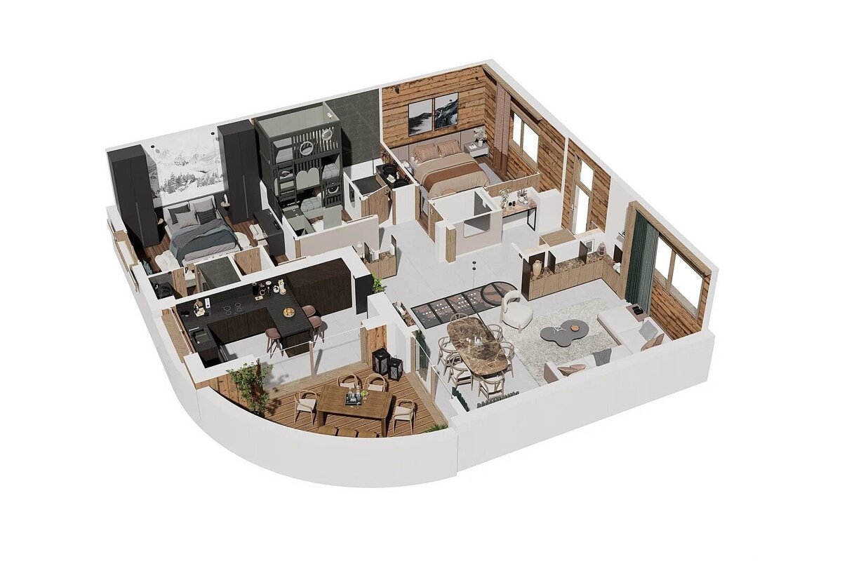3D isometric floor plan of a modern apartment with rustic wood accents, featuring multiple bedrooms, living area, kitchen, and balcony.
