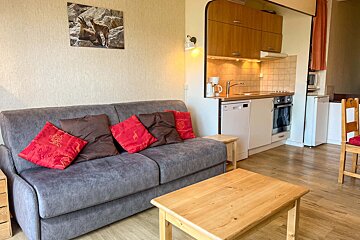 A cozy studio apartment features a grey sofa with red cushions, a wooden coffee table, and an integrated kitchenette, with a goat picture on the wall.