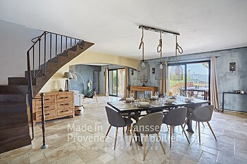 A dining room with a table and chairs that says made in provence
