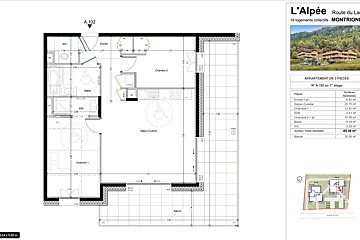 Architectural floor plan of a 3-room apartment (L'Alpée) with wheelchair accessibility, dimensions, and building details.