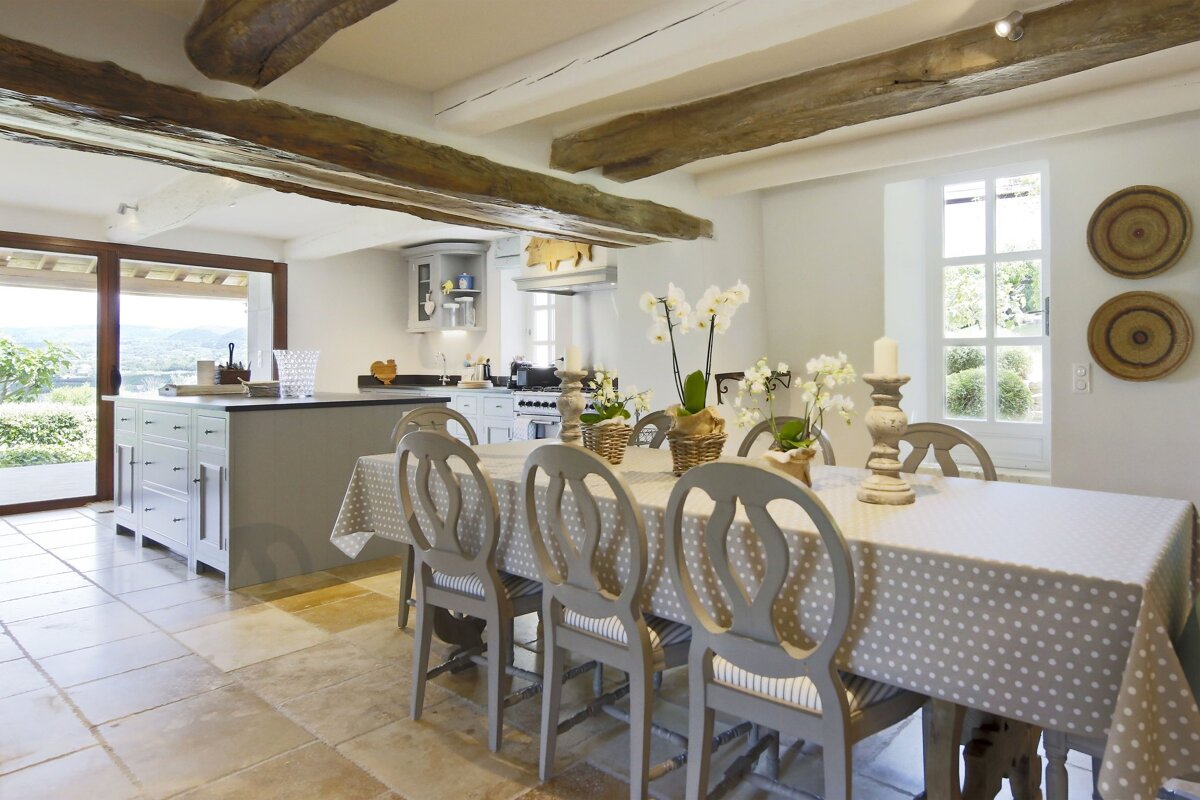 A kitchen with a table and chairs and plates on the wall
