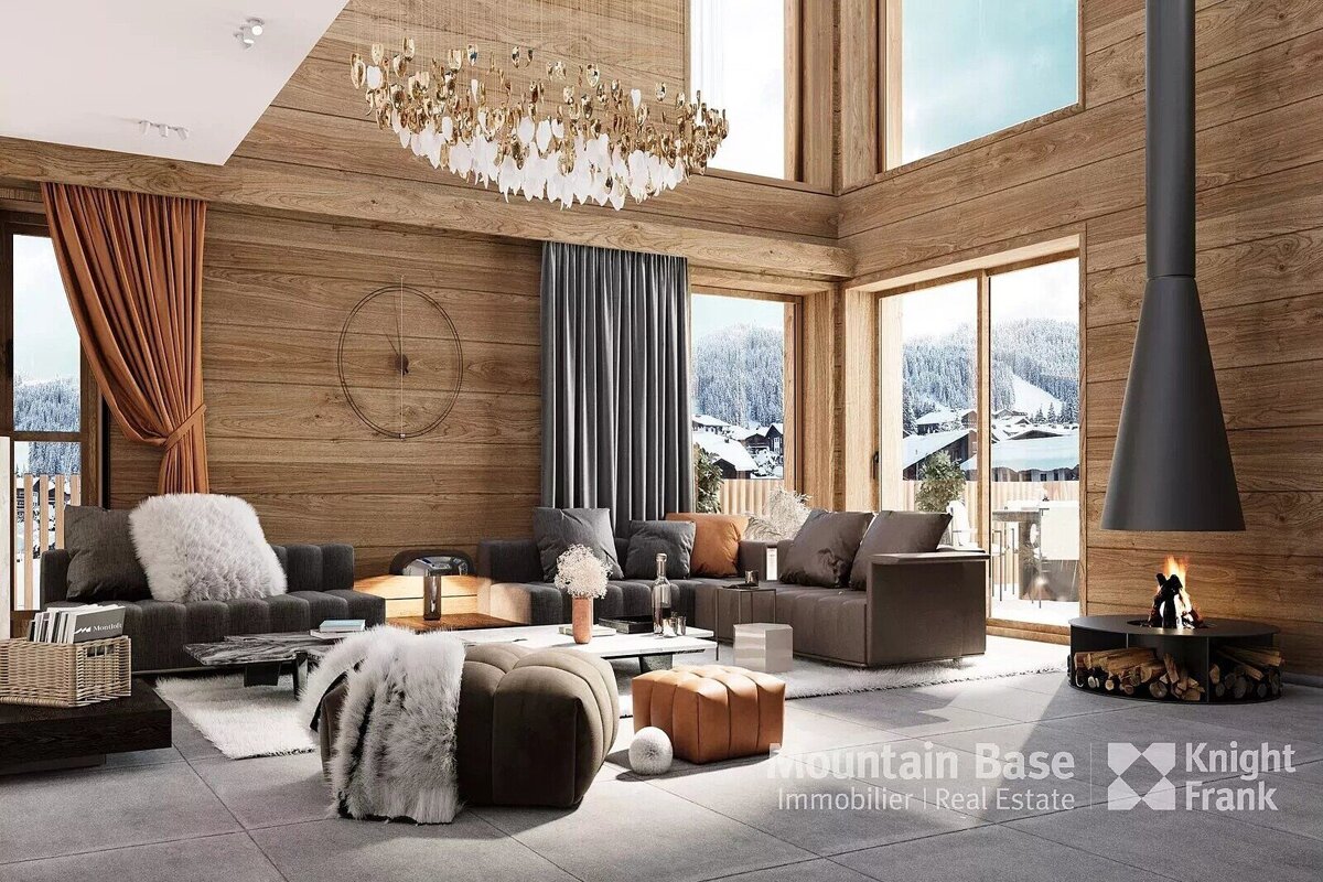 A luxurious, wood-paneled ski chalet living room features a modern fireplace, plush seating, and large windows with snowy mountain views.