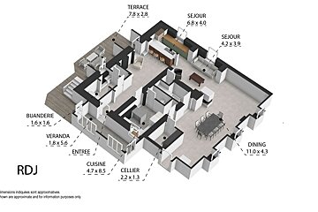 A 3D floor plan shows a residence with a terrace, multiple living areas (séjour), kitchen, dining, veranda, laundry, and pantry, all with dimensions.