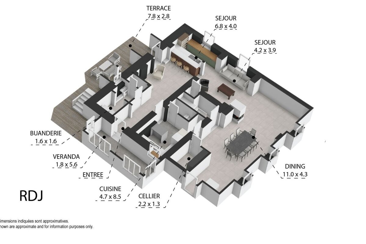 A 3D architectural floor plan in isometric view, showing various rooms like kitchen, living, dining, terrace, and veranda, with French labels and dimensions.