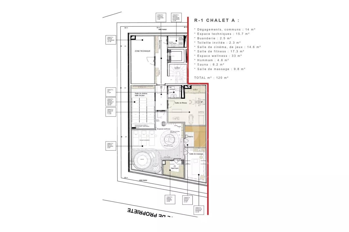 Floor plan for 'R-1 Chalet A' showing technical, cinema, gym, wellness, hammam, sauna, and massage rooms with their areas in m².