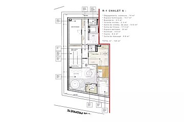 Floor plan for 'R-1 Chalet A' showing technical, cinema, gym, wellness, hammam, sauna, and massage rooms with their areas in m².