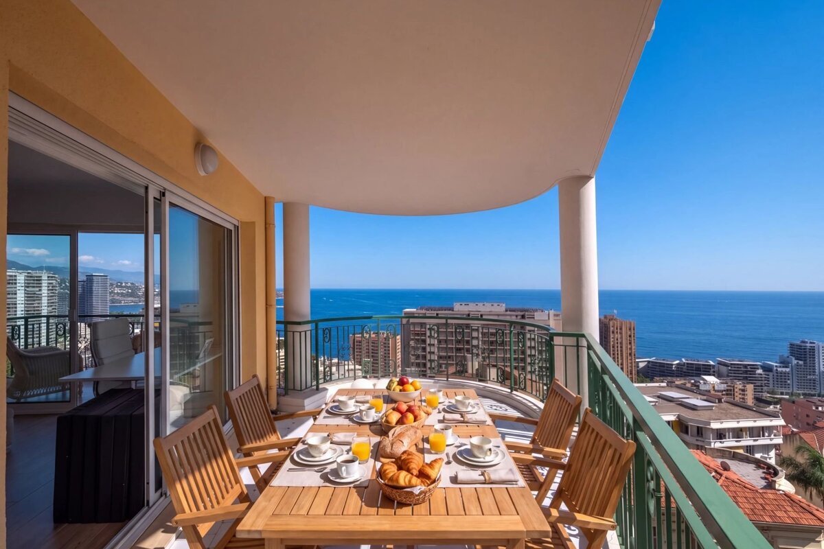 A breakfast table set on a balcony overlooking the sea and city skyline on a sunny day.