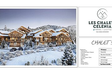 An advertisement for les chalet celenia shows a snowy scene