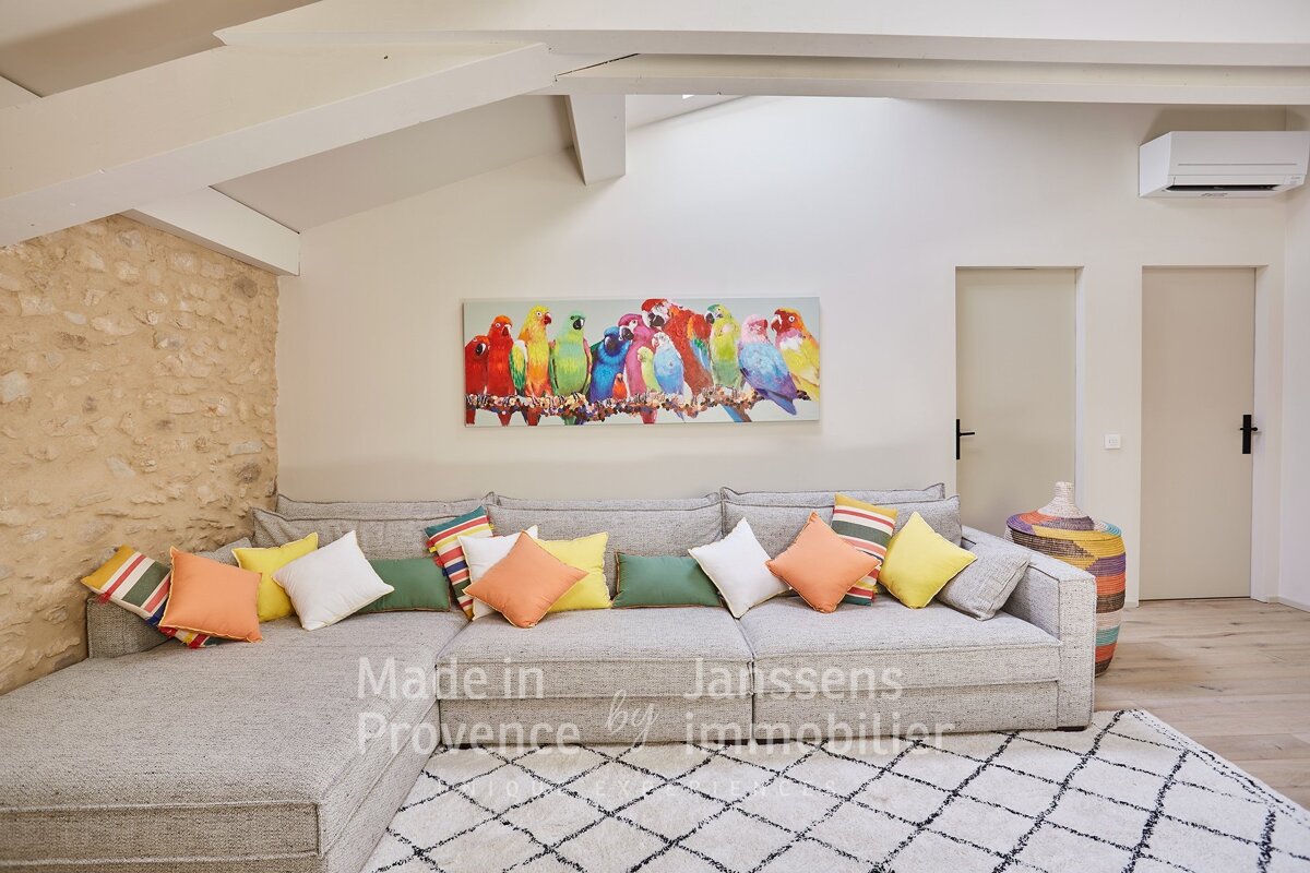 A living room with a couch and a painting of birds above it that says made in provence by immobilier