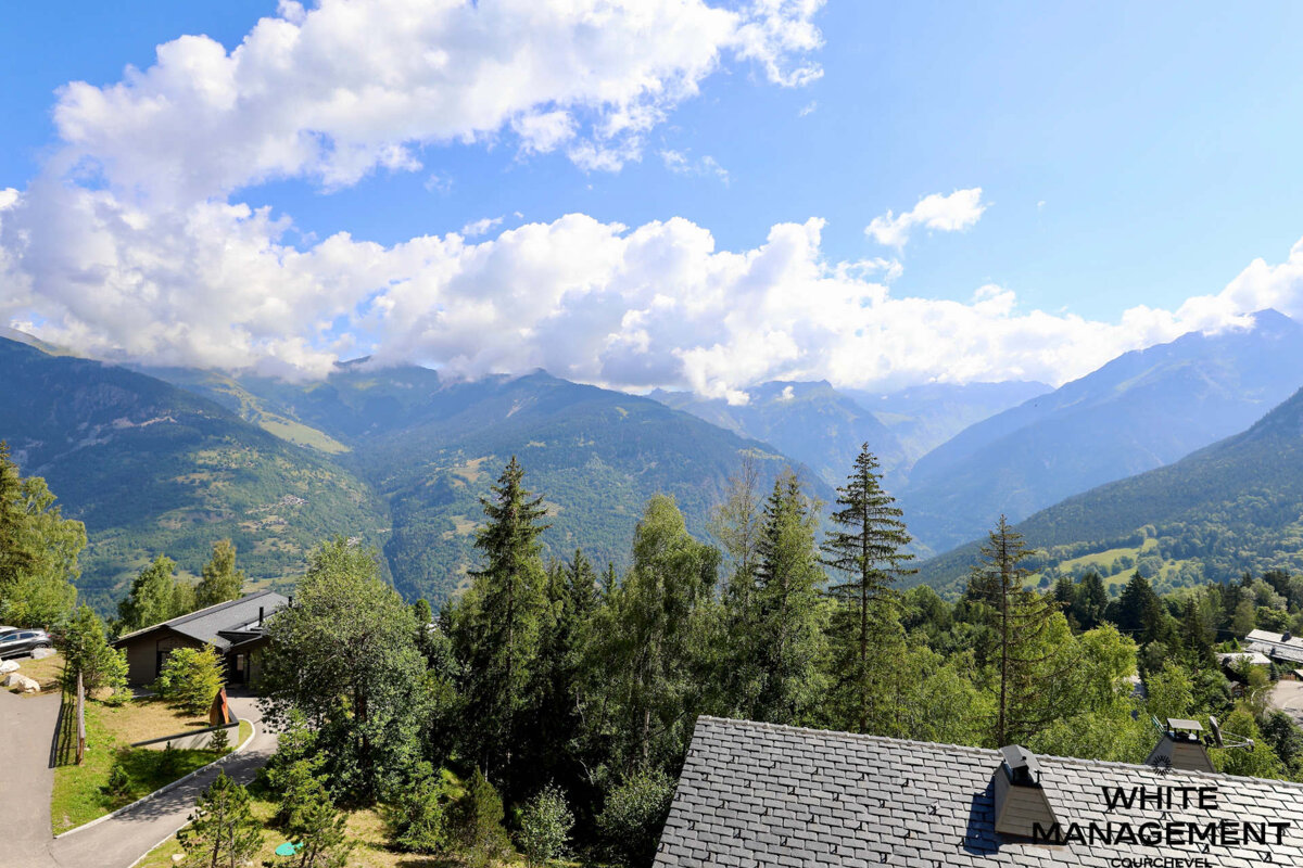 A view of a valley with mountains in the background