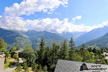 A view of a valley with mountains in the background