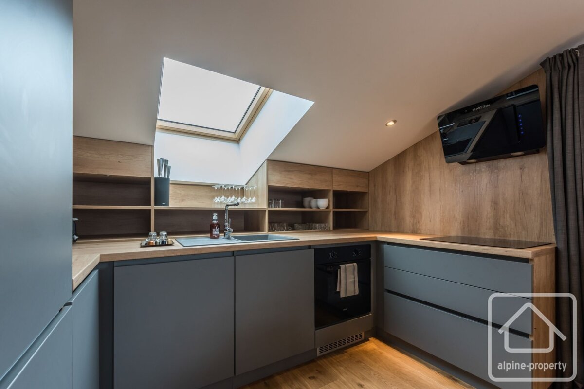 Modern U-shaped kitchen with grey cabinets, wood accents, and a large skylight, featuring integrated appliances.