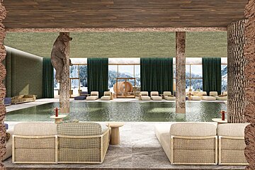 An artist 's impression of a swimming pool with a bear hanging from the ceiling