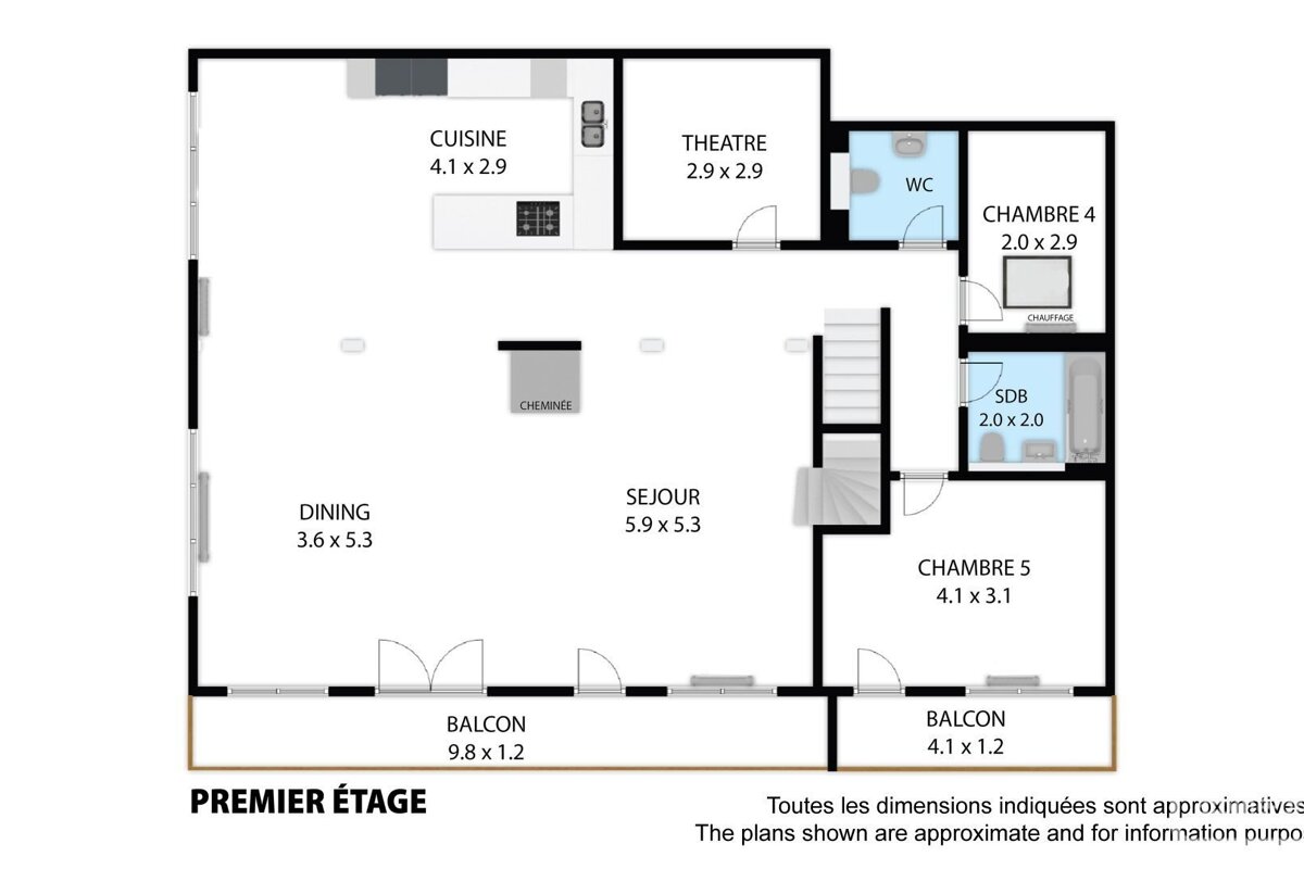A first-floor apartment floor plan showing a kitchen, dining, living room, two bedrooms, bathroom, WC, theatre, and two balconies, all with dimensions.