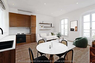 A rendering of a living room with a table and chairs