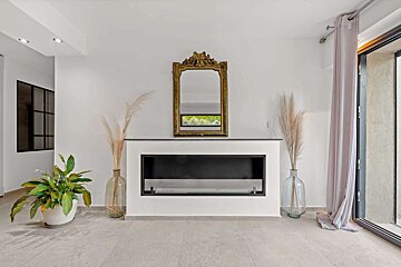 A minimalist room features a modern fireplace under a gold mirror, flanked by pampas grass. A green plant, light gray floor, and glass door complete the bright space.