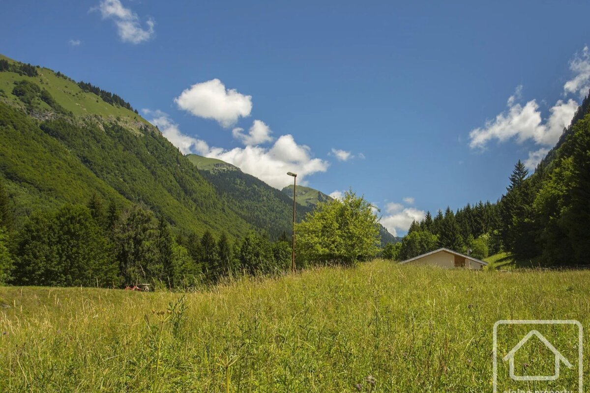 Lush green mountain valley featuring a grassy meadow, pine forests, and a small cabin under a bright blue sky.