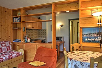 A warm, wood-paneled room with an open kitchen, living area (sofa, armchair), and dining table. Features a rustic, cozy chalet aesthetic.