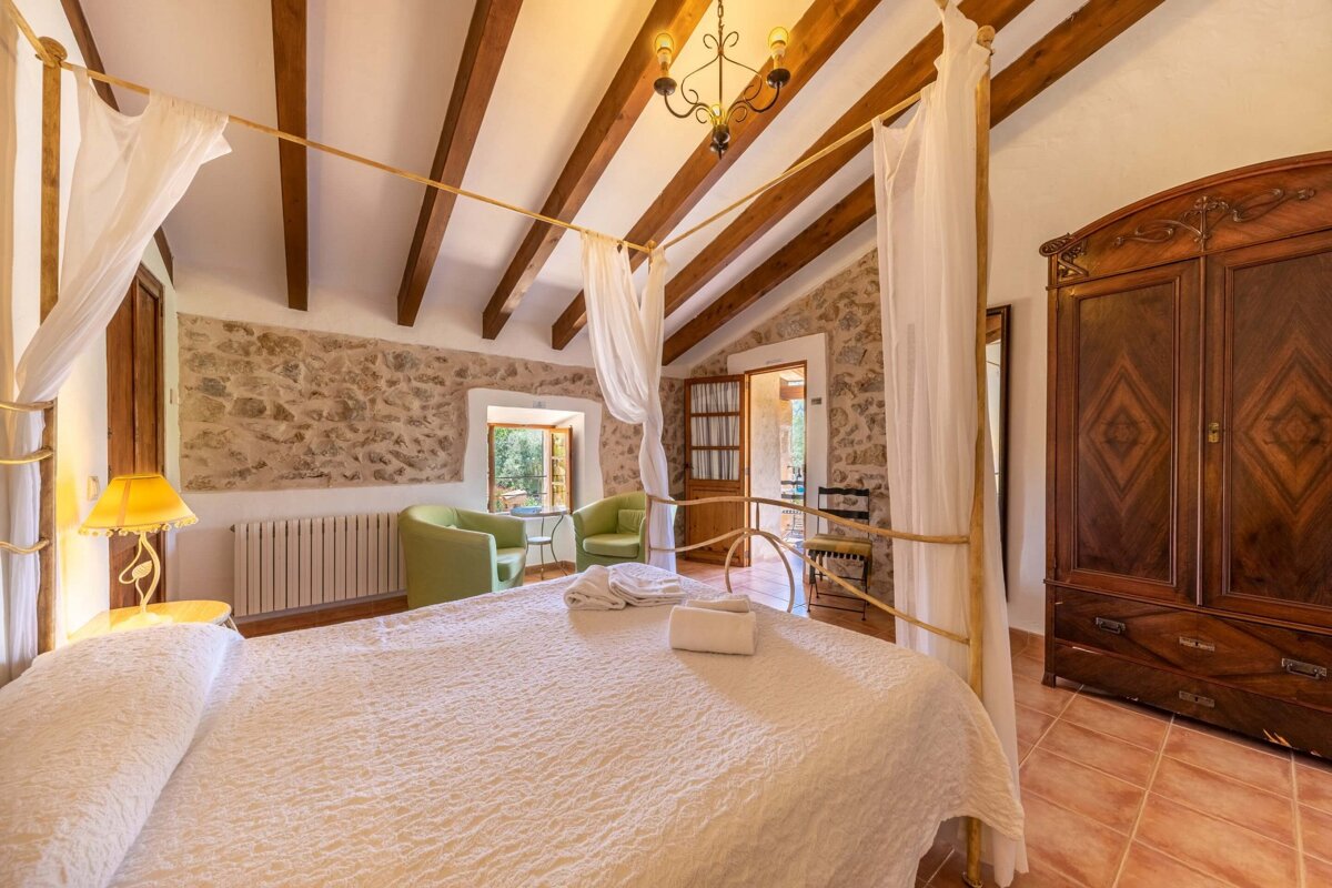 A bedroom with a canopy bed and a dresser