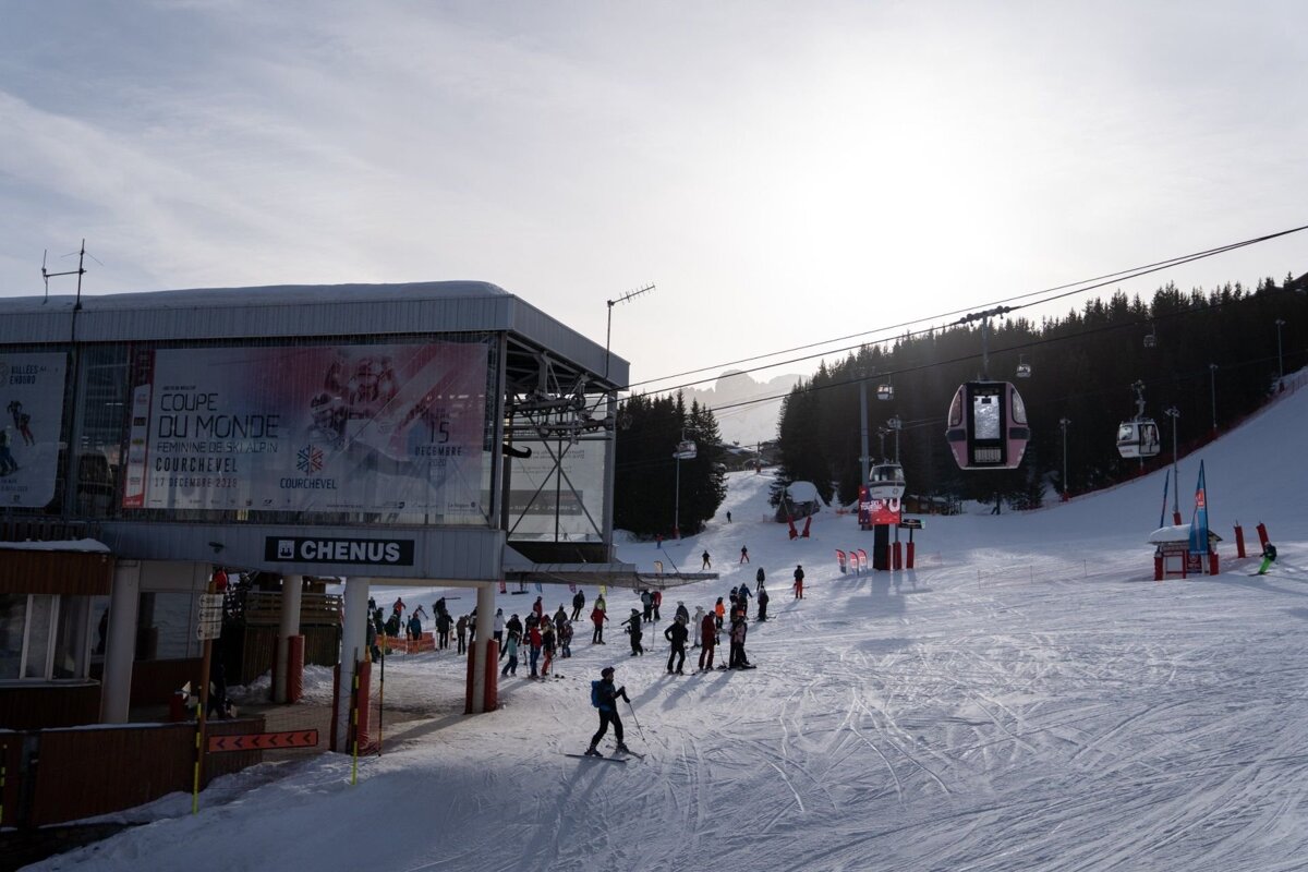A sunny ski resort with skiers on the slopes, gondolas overhead, and a ski lift building displaying a 