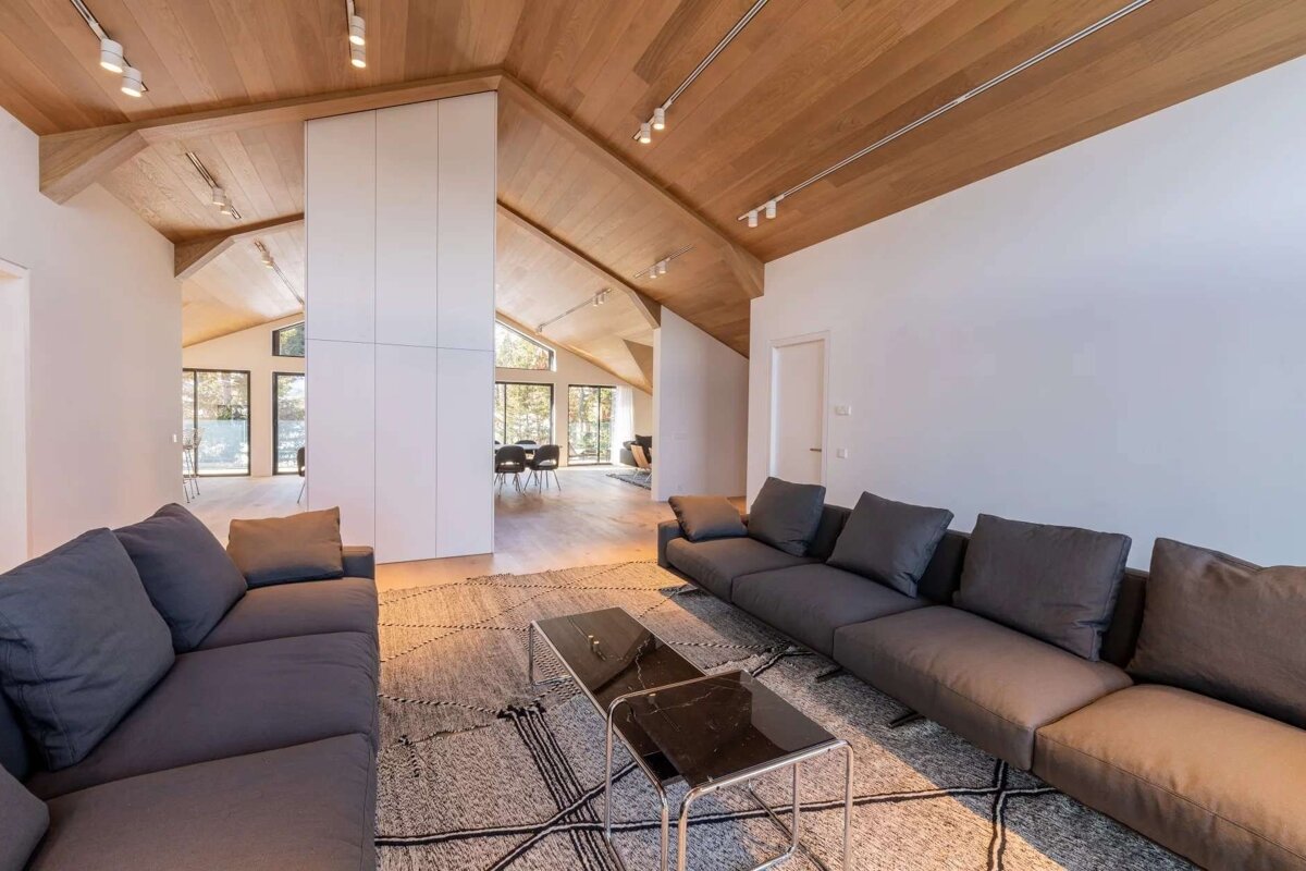 Spacious, modern living room with vaulted wood ceiling, white walls, dark sofas, geometric rug, and open views to a dining area with large windows.