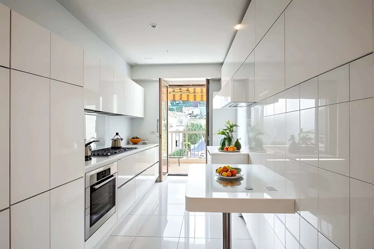 Sleek, modern white galley kitchen with glossy cabinets, reflective floors, and a bright balcony view of an urban landscape.