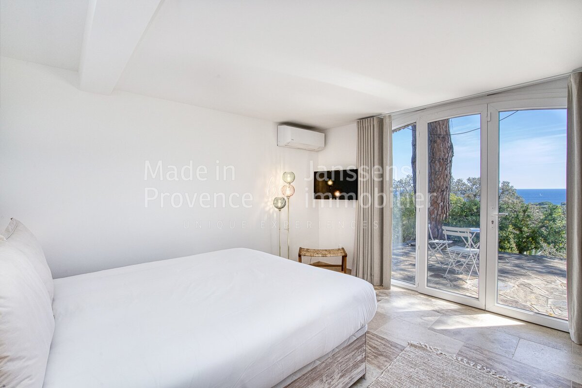 A bedroom with a bed and a window that says made in provence