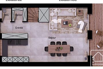 Floor plan of a French apartment featuring an entrance, WC, cellier, and a living area (séjour) with a kitchen, table, and sofa.