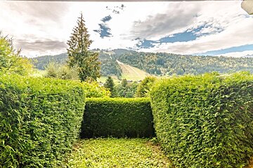 Green hedges frame a mountain view featuring a ski slope cutting through dense forest under a partly cloudy sky.