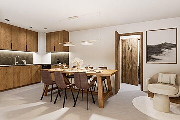 An artist 's impression of a kitchen and dining room