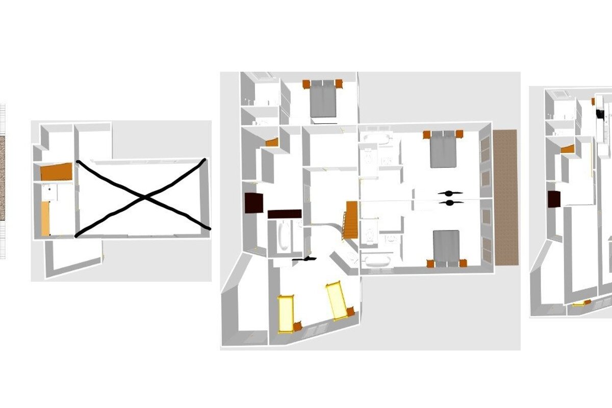Architectural floor plans for multiple levels of a building, showing furniture layouts. One plan section is marked with a large black 'X'.