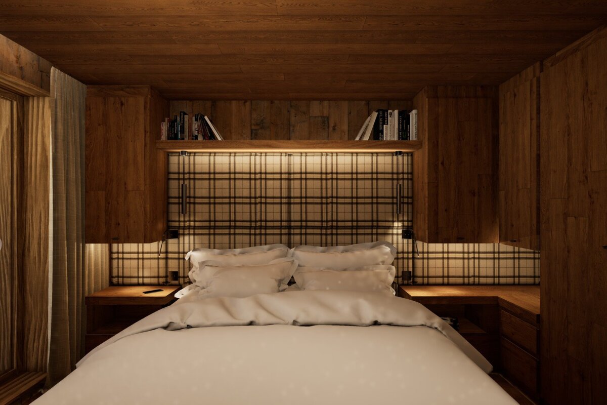A cozy bedroom with warm wood paneling, a plaid headboard, integrated lighting, and white bedding, creating a modern rustic feel.