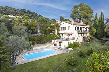 Aerial view of a large house with a swimming pool, nestled among lush green trees and hills under a clear blue sky.