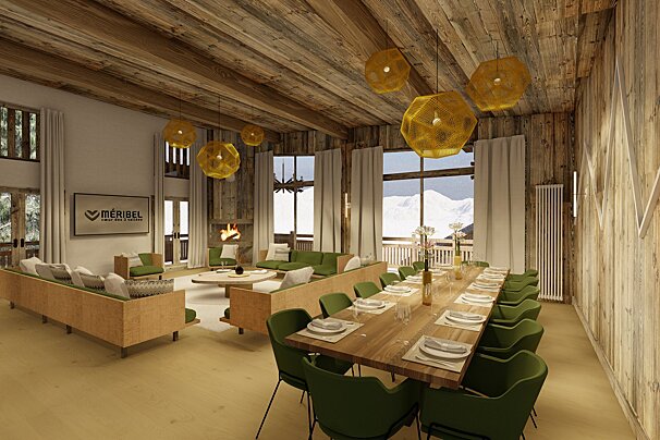 A large room with a meribel sign on the wall