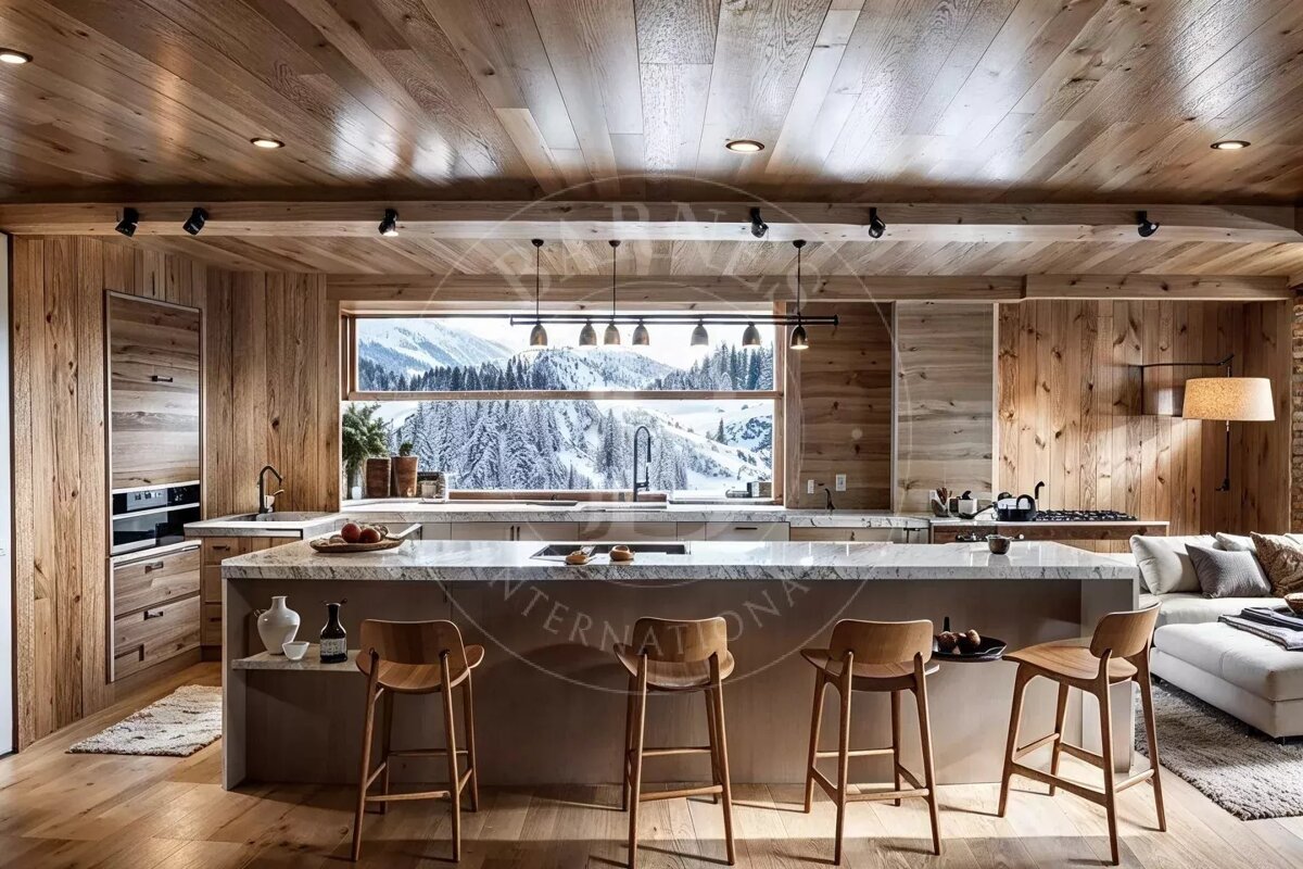 Cozy, modern wooden cabin kitchen featuring a marble island with stools and a panoramic window view of snow-covered mountains.