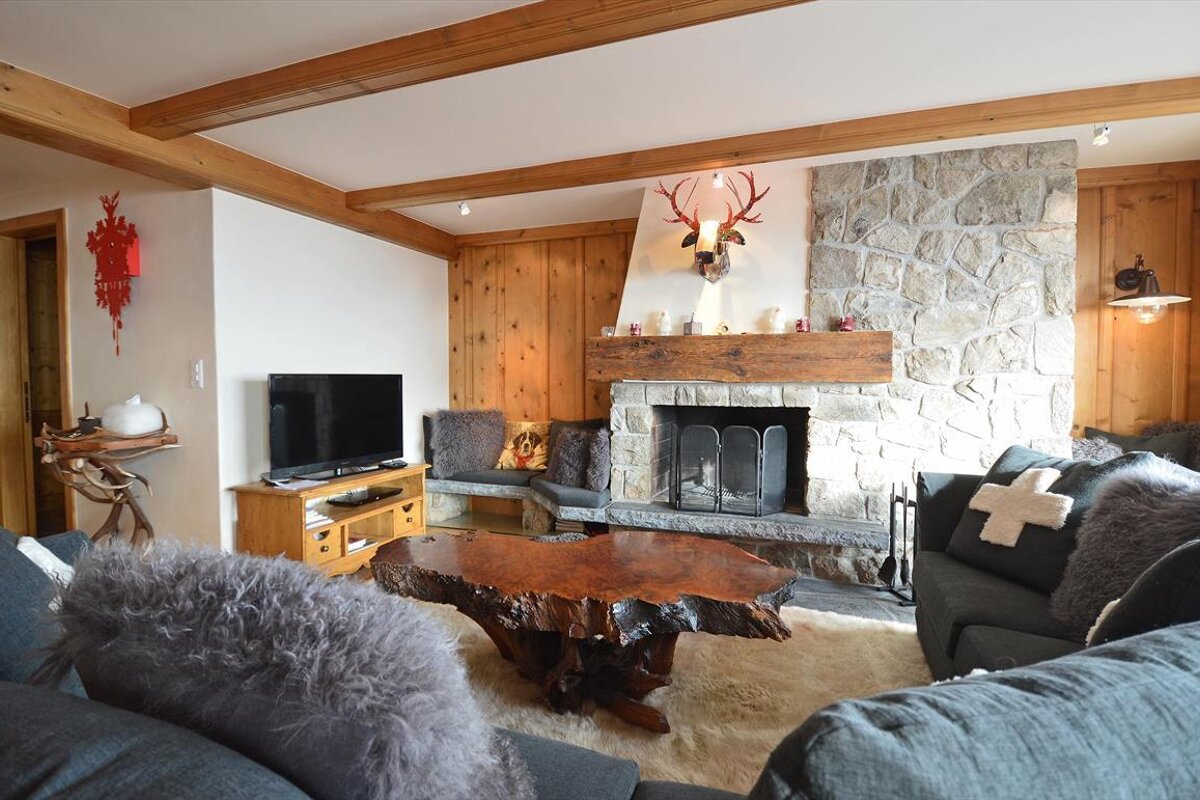 A living room with a fireplace and a television
