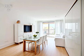 A bright, modern living/dining room with white furniture, light wood floors, a glass table, TV, and balcony access. (127 characters)