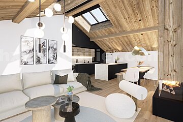Modern open-plan living room with vaulted wood ceilings, a skylight, black kitchen, dining area, and white sofa near a fireplace.