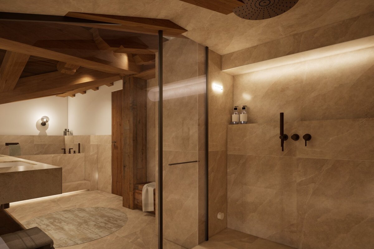 A bathroom with a walk in shower and a bathtub