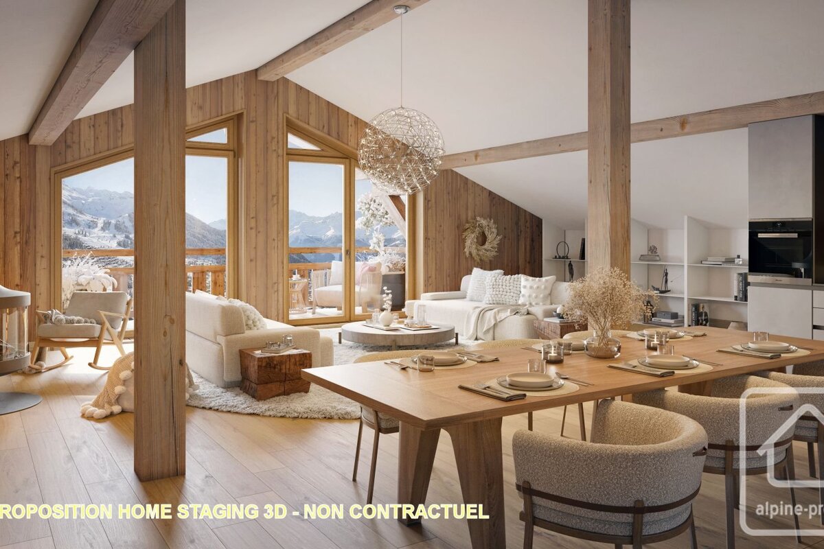 Modern chalet interior with wood paneling, open-plan dining/living, and snowy mountain views from large windows.