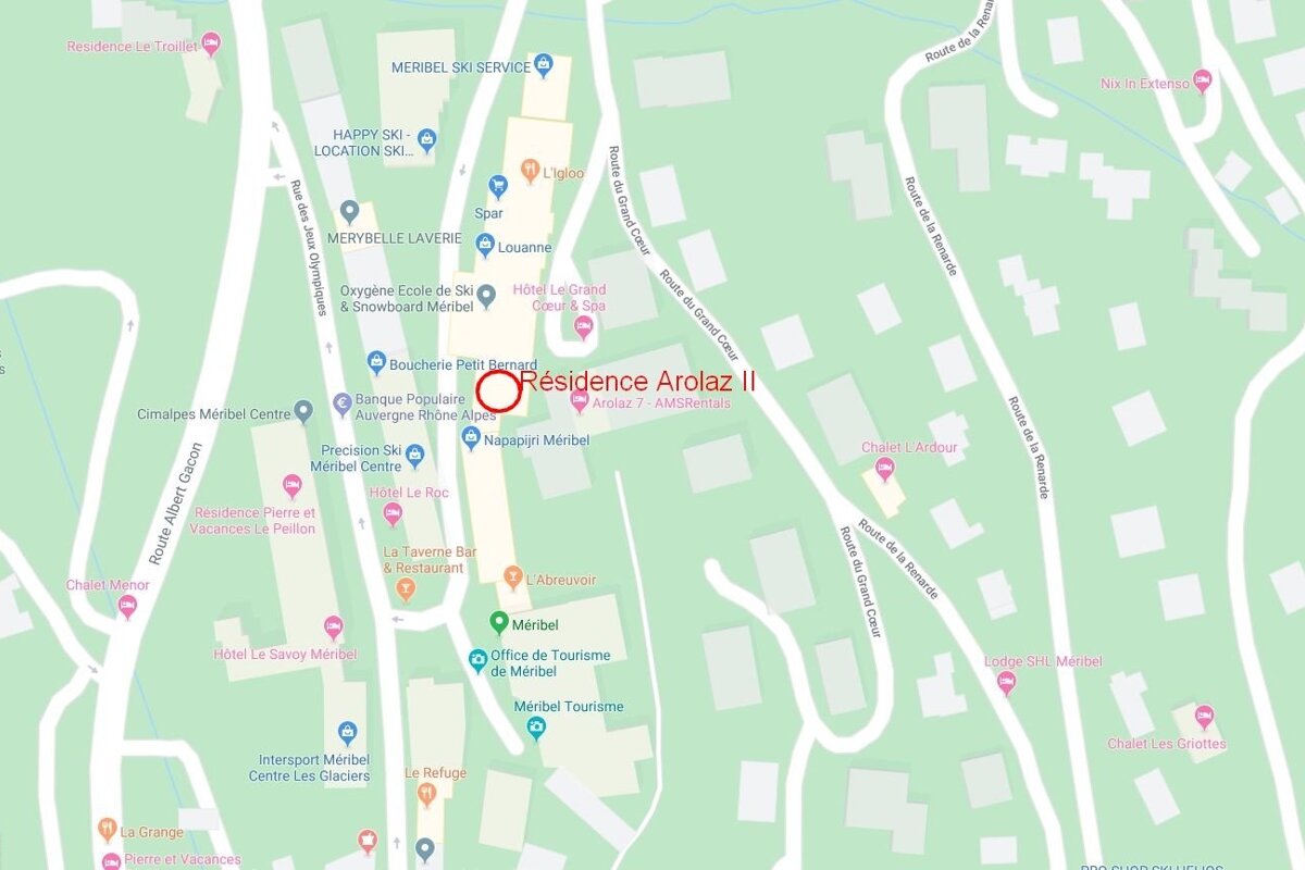 A detailed map of Méribel ski resort, pinpointing 