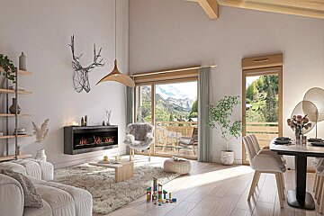 Cozy modern alpine living room featuring a fireplace, stylish furniture, and large windows with scenic mountain views.
