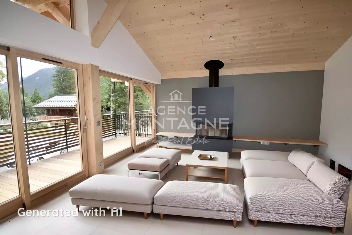 Bright, modern living room with large windows, mountain views, a sleek fireplace, and light-colored modular furniture.