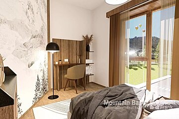 A modern bedroom features a bed, a desk area with wood paneling, and a floor lamp. A large window overlooks a lush outdoor scene with mountains and hot air balloons. Mountain-themed wallpaper adorns o