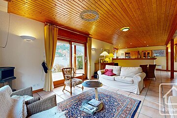 A living room with a white couch and a rug