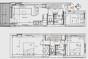 Two detailed architectural floor plans, likely a duplex, show living areas, bedrooms, bathrooms, and a balcony, with labels in French.