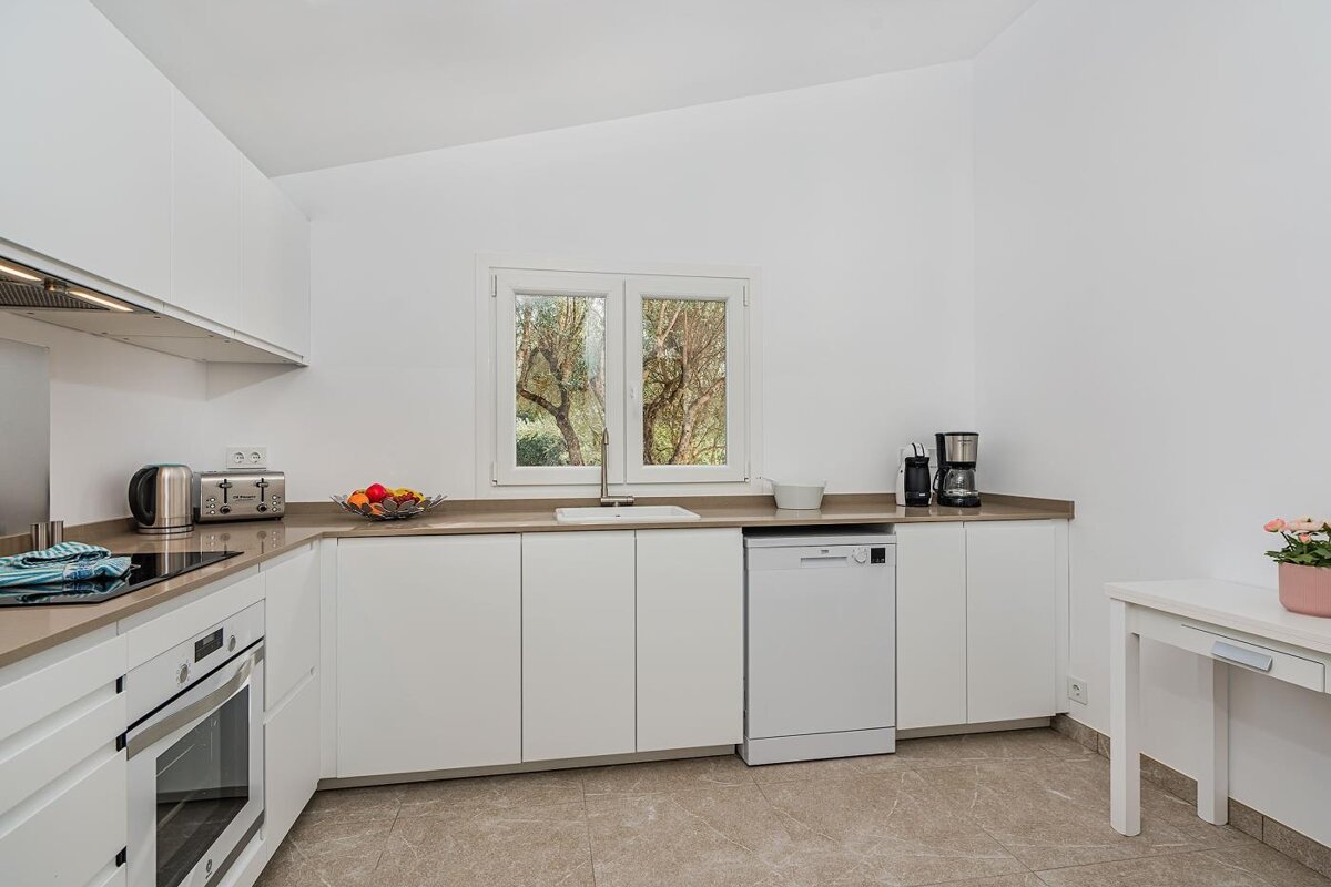A kitchen with white cabinets and a white dishwasher