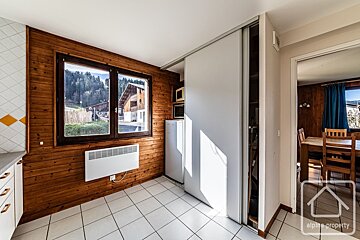 A wood-paneled room with white tiled floor, a window showcasing a mountain village view, white appliances, and a sliding door closet. An adjacent dining area is seen.