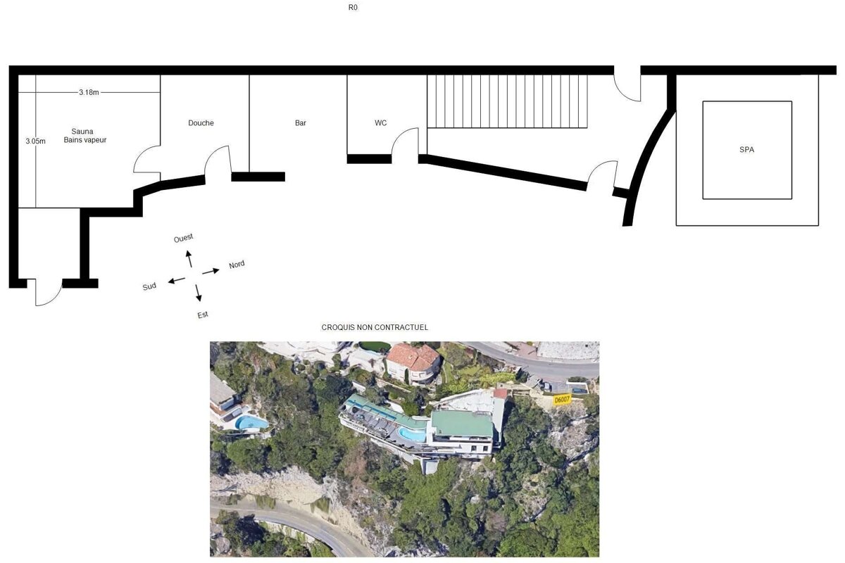 A floor plan of a spa level (sauna, bar, shower, WC, spa) is shown above an aerial photo of a multi-level building with a pool on a steep, green hillside.