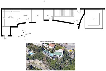 A floor plan of a spa level (sauna, bar, shower, WC, spa) is shown above an aerial photo of a multi-level building with a pool on a steep, green hillside.